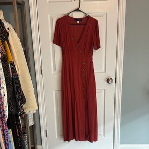 Francesca’s Blue Rain Rust Maxi Dress with Button Detail